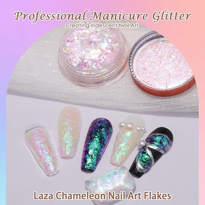 Laza Mermaid Fairytale Chameleon Flakes Nail Glitter Irregular Opal Nail Foil Flakes Chunky Confetti Color-Shift Sequins Iridescent Fairy Dust for Mermaid Nails Design, Nail Decorations for Nail Art