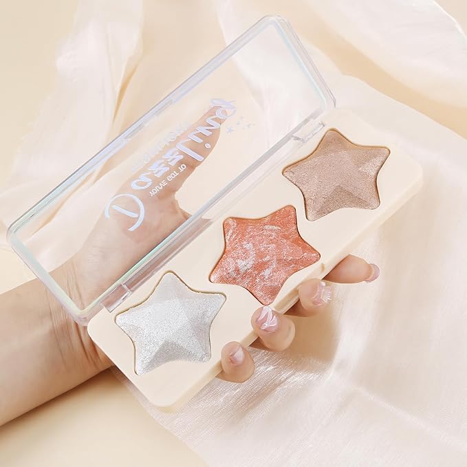 Boobeen 3 Colors Baked Shimmer Highlight & Blush Palette, Powder Palette Facial Bronzers Illuminator Makeup Palette, Lightweight Highlighter Blusher Contour for Cheeks, Lasting Natural Glowing