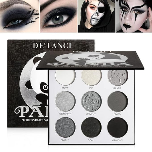 ecofavor Black Smoky Eye shadow Palette, DE’LANCI PANDA 9 Colors True Black Dark Grey Smokey Goth Makeup Pallet, 9 Soft Matte Shimmer High Pigmented Basic Black White Gray Shade for Halloween