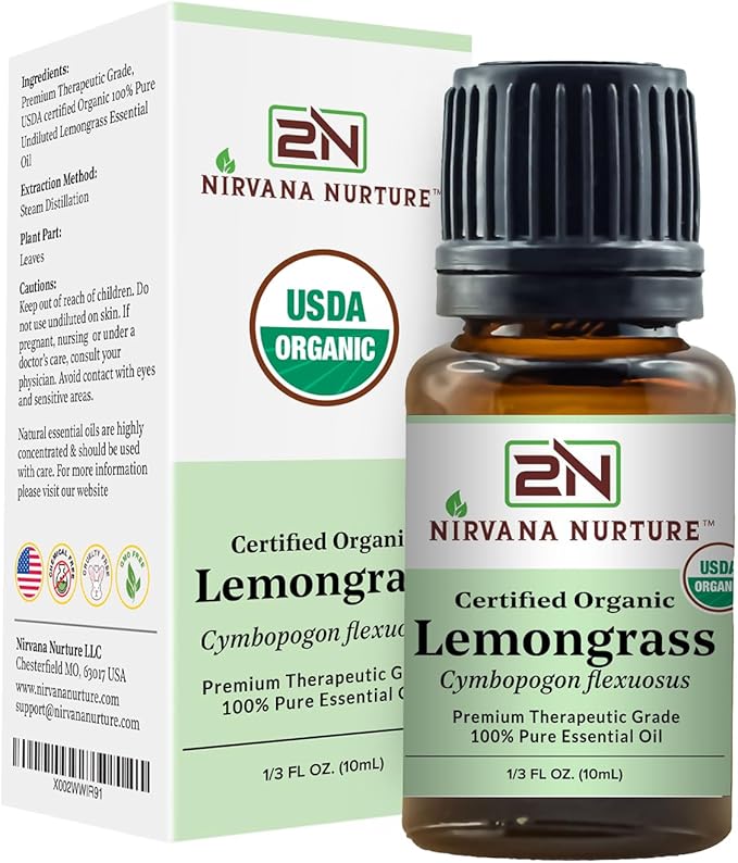 Lemongrass Essential Oil USDA Certified Organic 100% Pure Premium Therapeutic Grade, Undiluted - Aromatherapy Diffuser for Calm and Relaxation, Skin Care, Hair Care