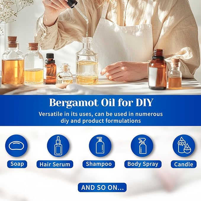 HIQILI Bergamot Essential Oil for Diffuser, Skin, Hair, DIY, 100% Pure & Natural - 1.01 Fl Oz (30 mL)