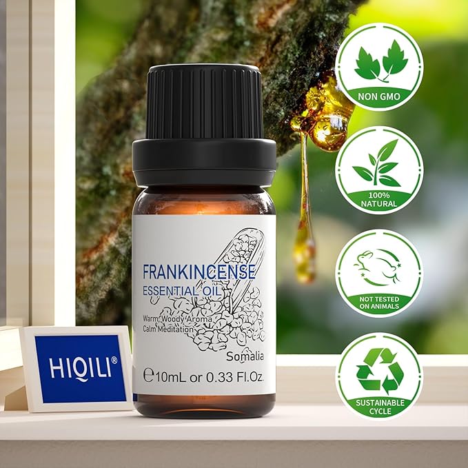 HIQILI 0.33 Fl Oz Frankincense Essential Oil, Relaxing, Skin Care, Camp Atmosphere Creation, Can be Added to Body Lotions, Creams, Aromatherapy Use - 10ml