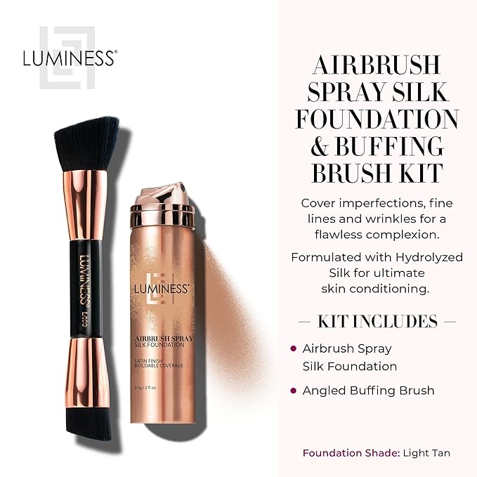 LUMINESS Silk Airbrush Spray Foundation & Buffing Brush Kit – Full Coverage Foundation & Dual-Sided Buffing Brush - Buildable Coverage, Anti-Aging Formula Hydrates & Moisturizes (Shade - Light Tan)
