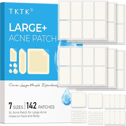 Large Acne Patches for Face, 7 Sizes Big Pimple Patches, XL Hydrocolloid Bandages for Body, Chin, Forehead, Nose, Back Blemish Zit Breakouts, Hydrocolloid Patch (Square, Strip, Dot 142 Count)
