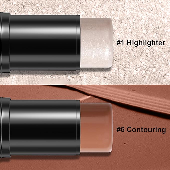 2Pcs Cream Contour Stick Makeup Kit, Cream Highlighter Stick and Bronzer Contour Stick with Longwear Waterproof Formula for Brightening and Trimming the Cheeks, Makeup Brush Include (#01, 06)