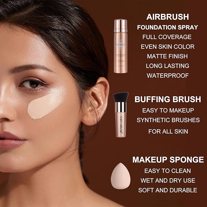 AirBrush Foundation Spray Set, Spray Foundation Makeup and Hydrating Face Primer Kit, Longwear Waterproof Liquid Matte Foundation Mist for Flawless Look, Brush and Sponge Include (#1 Ivory White)