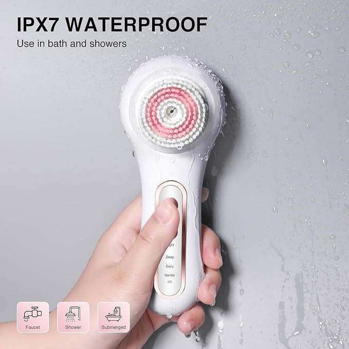 Face Scrubber Exfoliator,Facial Cleansing Brushes Rechargeable IPX7 Waterproof with 5 Brush Heads,Electric Face Spin Brush for Exfoliating, Massaging and Deep Cleansing (White)