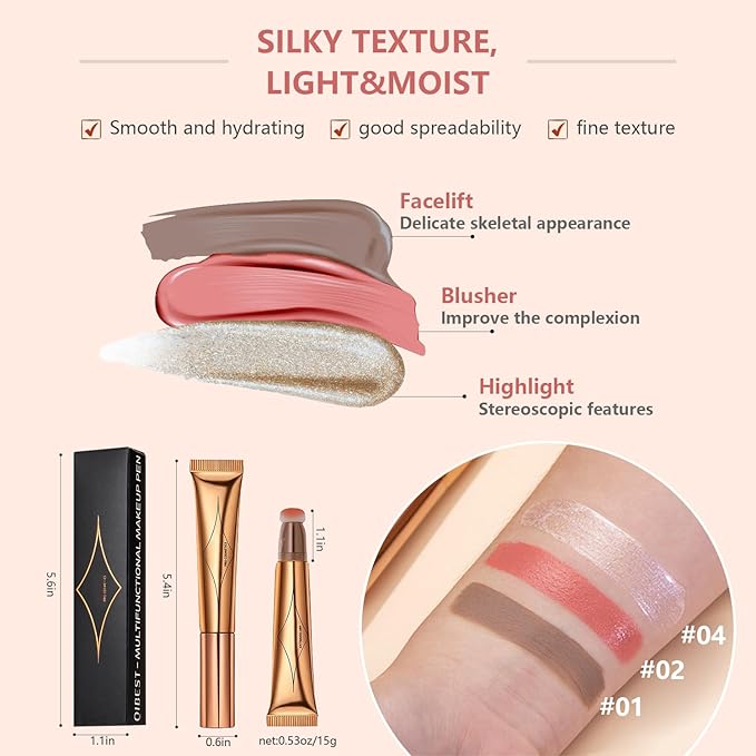 Liquid Contour Beauty Wand Set,Blush Liquid Contour Stick Highlighter Makeup With Cushion Applicator,Long Lasting Smooth Natural Matte Finish,Lightweight Blendable Super Silky Cream Sticks (01#02#04)