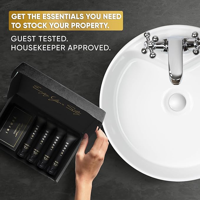 Infuse Black Amenity Kit | Boxed Hotel Toiletries | Bulk Set 1 oz Travel Size Shampoo, Conditioner, Lotion, Body Wash & Cleansing Bar for Guest Hospitality AirBnB/Vacation Rentals | 300 Pieces