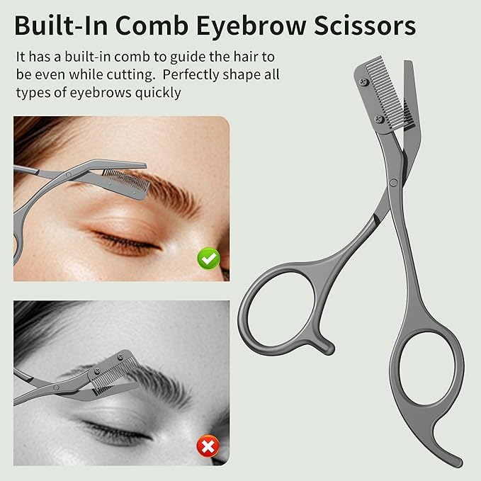 Eyebrow Trimmer Kit Scissors Tweezers Razor Facial Shaver Grooming Set with Mirror Travel Cases