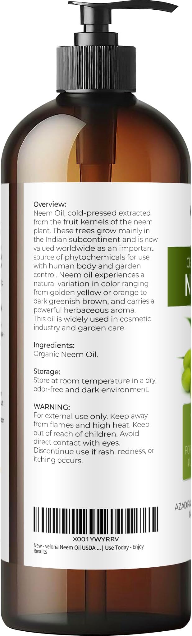 velona Neem Oil USDA Certified Organic - 16 Fl Oz | 100% Pure and Natural Carrier Oil | Virgin, Unrefined, Cold Pressed | Hair, Body and Skin Care | Use Today - Enjoy Results