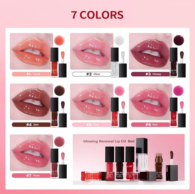 MAEPEOR Glowing Lip Oil 7 Colors Hydrating Lip Balm Nourishing Lip Care Lip Treatment Glossy Finish Non-sticky Moisturizing Lip Balm (07 Rose)
