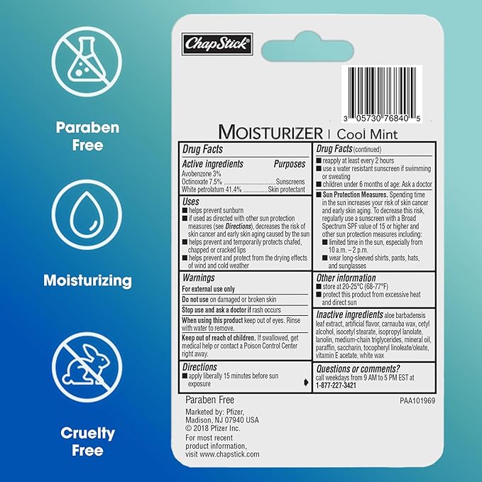 ChapStick Moisturizer 2-in-1 Lipcare SPF 15, Cool Mint, 3-Pack – Sunscreen Lip Balm with Aloe Vera and Vitamin E, 0.15 Ea