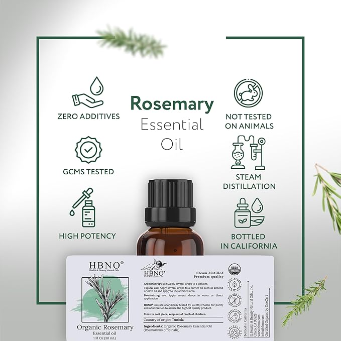 HBNO California Bottled Organic Rosemary Essential Oil 1 fl oz (30ml) - USDA Certified Organic Rosemary Essential Oil for Aromatherapy, Soap Making, DIY, Fragrances, Diffuser