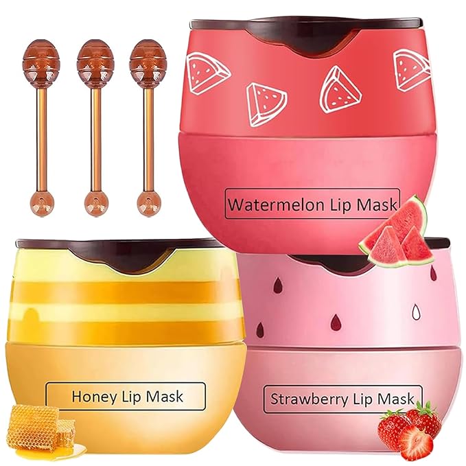 3 PCS Bee Lip Mask Honey Pot Lip Balm,Strawberry Watermelon Lip Mask Overnight Hydrating Dry and Crack Lip Scrubs Exfoliator Propolis Lip Sleeping Mask (Strawberry & Watermelon & Honey)