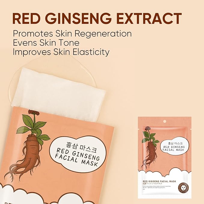 10Pack Sheet Face Masks Skincare for All Skin Types, Moisturizing Hydrating Face Masks Suitable for Sensitive Skin, Red Ginseng Face Masks for Wrinkles, Fine-Lines, Firmness and Elasticity