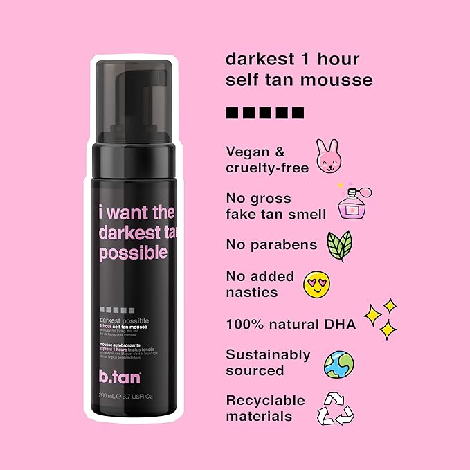 b.tan Ultra Dark Self Tanner Mousse | I Want The Darkest Tan Possible - Fast, 1 Hour Express Sunless Tanning Foam, Golden Bronzing Glow, Face & Body, No Fake Tan Smell, Vegan, Cruelty Free, 6.7 Fl Oz