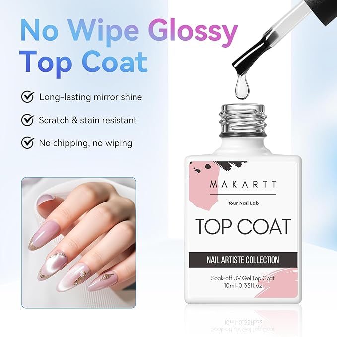 Makartt 2 Pcs Gel Top Coat and Base Coat Set - No Wipe Shine Finish Soak Off Base Top Coat Long Lasting for Gel Nail Polish, LED UV Lamp Need, Salon Quality Nail Manicure Gifts, 10ML