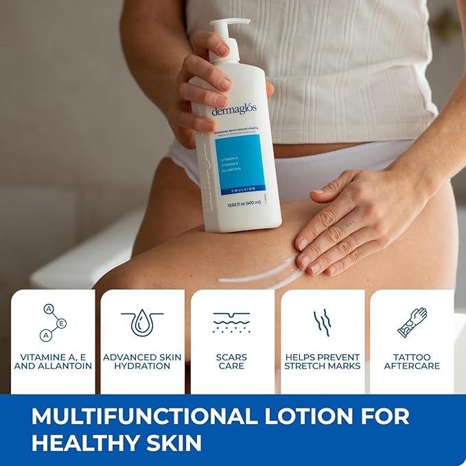Dermaglos 2-pack Moisturizing Body Lotion for Dry Skin with Extra Vitamin A, Vitamin E & Allantoin | Hydrating & Regenerating formula for Stretch Marks, Tattoos, Scars & Wrinkles | 13.52 Fl Oz.