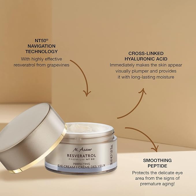 M. Asam Resveratrol Premium NT50 Perfecting Eye Cream – Anti-aging under eye cream with resveratrol & hyaluronic acid to smooth wrinkles & fine lines, vegan formula, 1.01 Fl Oz