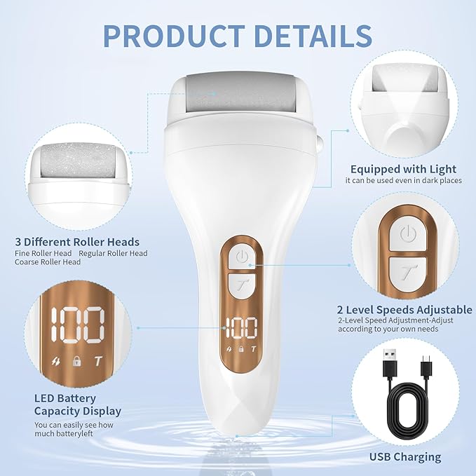 Electric Callus Remover for Feet - with Larger Grinding Head, Portable Pedicure Kit Foot File Callus Remover, Rechargeable Waterproof Foot File for Foot Care Deadskin Remover LCD Display-White