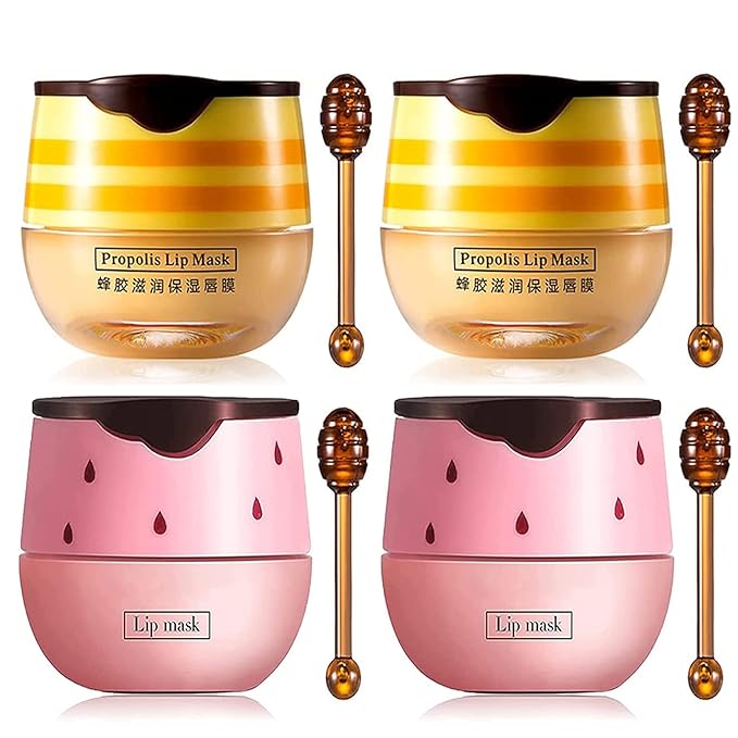 4Pcs Bee Lip Balm Honey Pot, Honey & Strawberry Lip Balm Moisturizing Lip Mask with Stick Hydrating & Prevention Dry and Cracked Lip Scrubs Exfoliator, Lip Sleep Mask Reduces Lip Lines