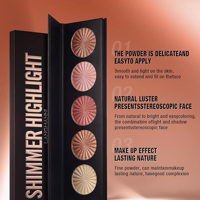 Highlighter Powder Palette, Makeup Palette Facial Bronzers Illuminator Palette Highlighter Baked Waterproof Long Lasting Brilliant Lighten Skin Color (5 Color, 1 Count (Pack of 1))