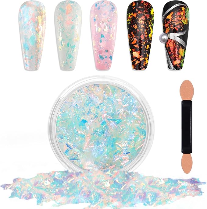 Laza Golden Fall Chameleon Flakes Nail Glitter Irregular Opal Nail Foil Flakes Chunky Confetti Color-Shift Sequins Iridescent Fairy Dust for Mermaid Nails Design, Nail Decorations for Nail Art