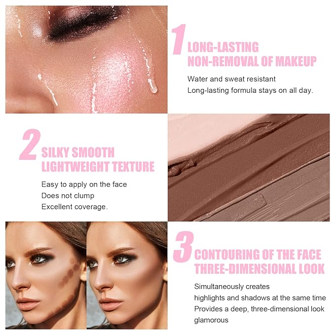 6 Colors Cream Contour Stick Makeup Kit, Shades with Highlighter Stick, Blush Stick and Double-End Bronzer Stick for Sculpt the Cheeks, Waterproof,Dewy & Matte Finish for Beginners (6 COLORS SET A)