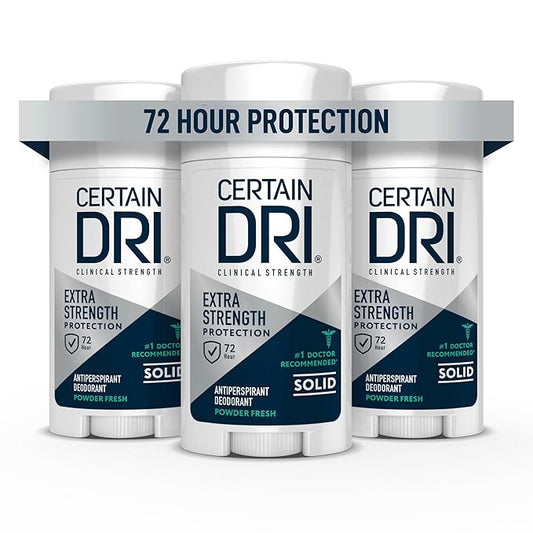 Certain Dri Extra-Strength Clinical Antiperspirant Solid - Maximum Sweat & Odor Protection for Men & Women - 72-Hr Hyperhidrosis Treatment w/ 12% Aluminum Chloride - Powder Fresh Scent - 1.7 oz - 3-Pk