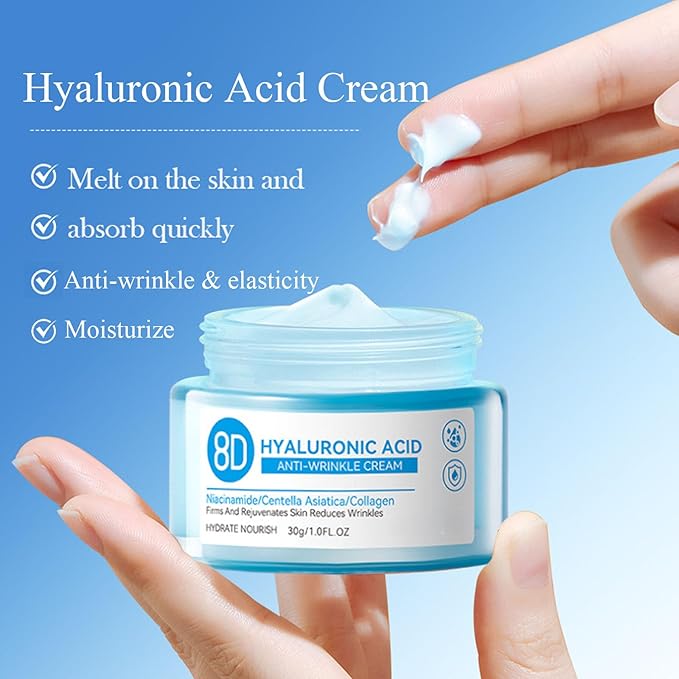 8D Hyaluronic Acid Face Care Set, Hydrating Skin Care Set Moisturize Skin, Smooth Fine Lines, Improves Skin Elasticity, Anti-Aging Skin Care Set with Cleanser,Eye Cream,Face Cream,Serum,Mask