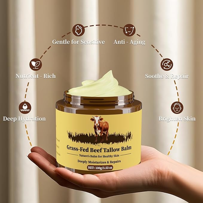 Beef Tallow for Skin, Tallow and Honey Balm, Facial Moisturizer Cream, 100% Organic Grass Fed Whipped Beef Tallow Balm Deeply Moisturizing for Face & Body, Suitable For All Skin Types(3.53oz)