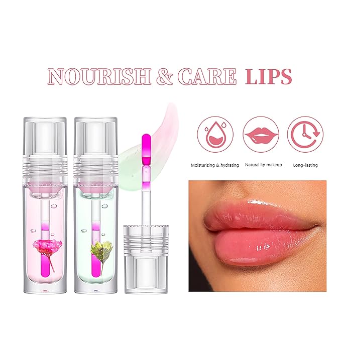 Flower Lip Oil, Hydrating Lip Glow Oil, Plumping Lip Oil, Non-Sticky Long Lasting Lip Oil Gloss, Transparent Lip Oil Tinted, Lip Plumper Gloss, Moisturize your lips and Reduce lip lines (02)