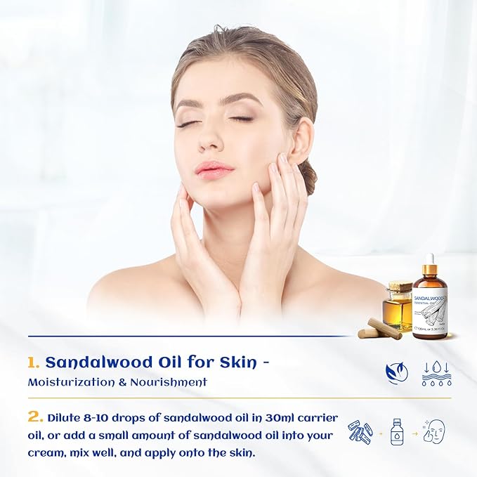 HIQILI Sandalwood Essential Oils, Long-Lasting Scent for Perfume, Diffuser, Soap Making & Candle- 3.38 Fl Oz