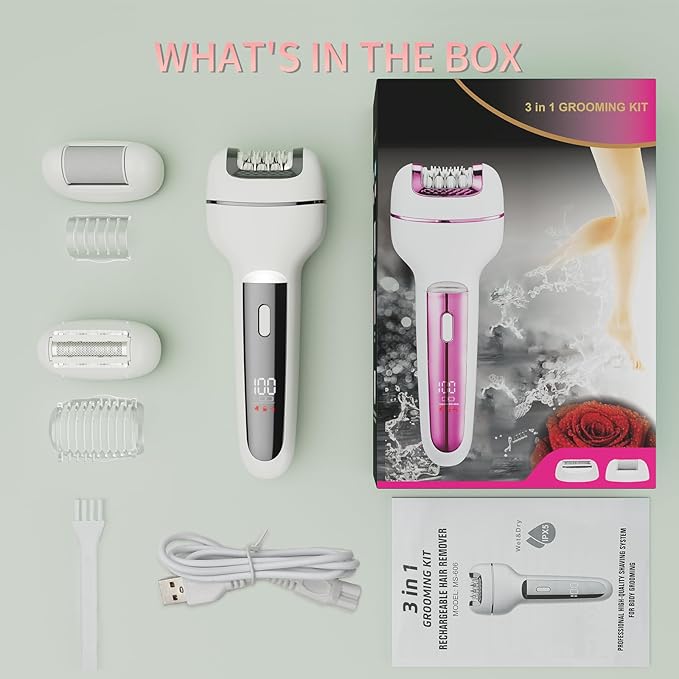 Epilator for Women 3-in-1 Epilator, Body Hair Removal Device,Wet/Dry, Waterproof, Cordless Rechargeable Electric Trimmer & Shaver & Callus Remover for Women & Men 606 Gray