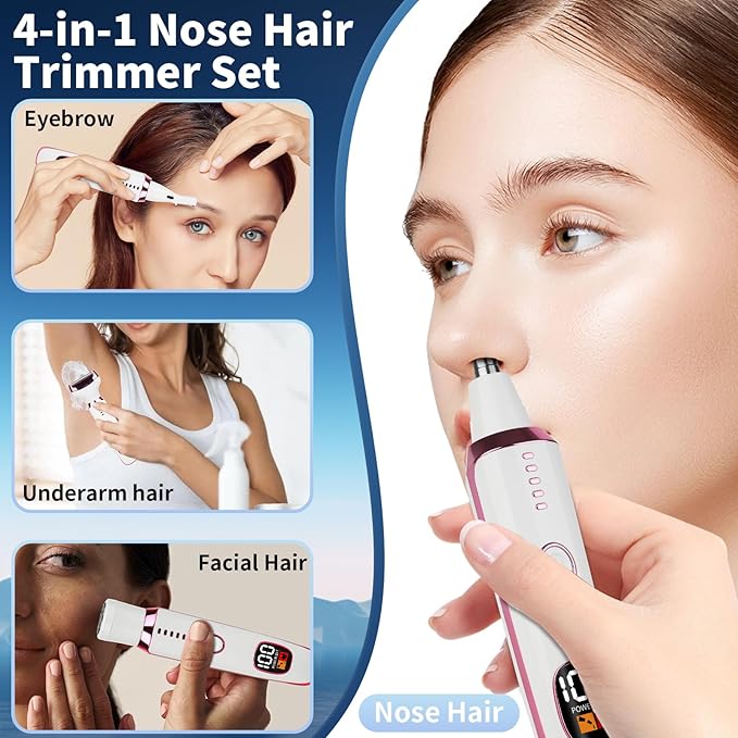 2025 Rechargeable Nose and Ear Hair Trimmer with LED Dispaly for Women Men,4 in 1 Painless Eyebrow & Facial Hair Trimmer with Powerful Motor,Ladies Wet & Dry Electric Razor (White)