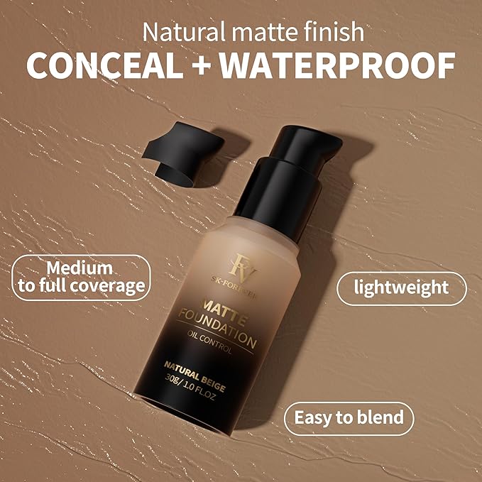 FV Full Coverage Liquid Foundation, Lightweight & Concealing, Long Lasting Matte Foundation Makeup with Flawless Finish, Oil Control Waterproof Foundation for Oily Skin (Natural Beige Matte)
