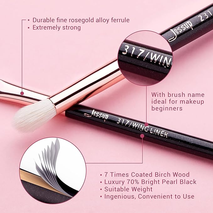 Jessup 15Pcs Professional Makeup Brushes Set Make up Brush Tools kit Eye Liner Shader Wood Handle Natural-synthetic Hair Brushes Pearl Black/Rose Gold T157