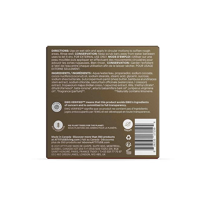 ATTITUDE Body Scrub Bar, Natural Origin, Gentle Exfoliator for Body and Foot, Nourishes and Softens Skin, Bamboo Powder & Shea Butter, EWG verified & Vegan, Sandalwood, 4 Oz