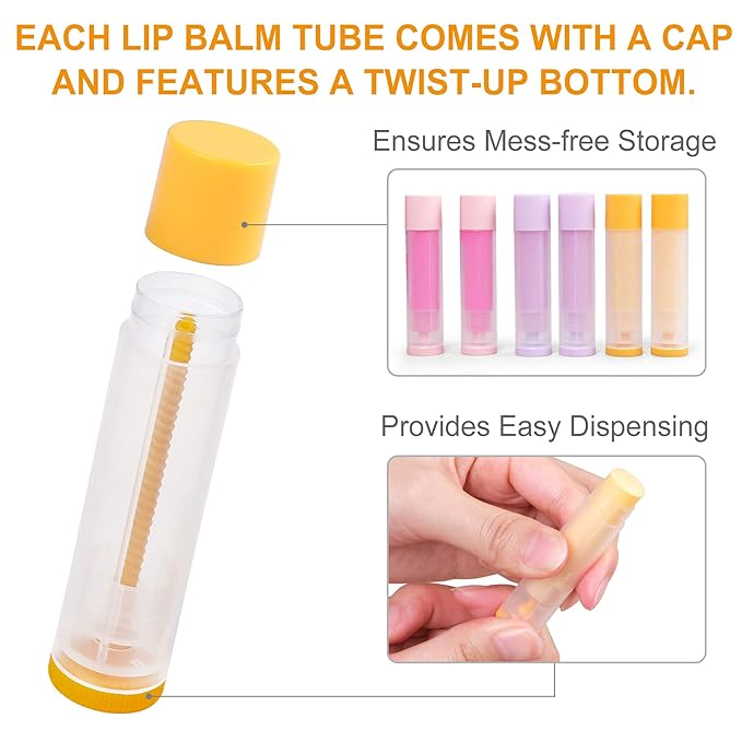 LotFancy Lip Balm Tubes Empty, 60PCS 5.5ml (3/16 Oz), Clear Lip Balm Container Tubes with Yellow Caps, BPA Free & Leak Free, Refillable