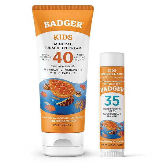 Badger Kids Mineral Sunscreen Combo, SPF 40 Cream + SPF 35 Kids Face Stick, Organic Sunscreens w/Mineral Zinc Oxide, Water Resistant, Reef Safe Broad Spectrum, Tangerine & Vanilla Scent, 2-Count