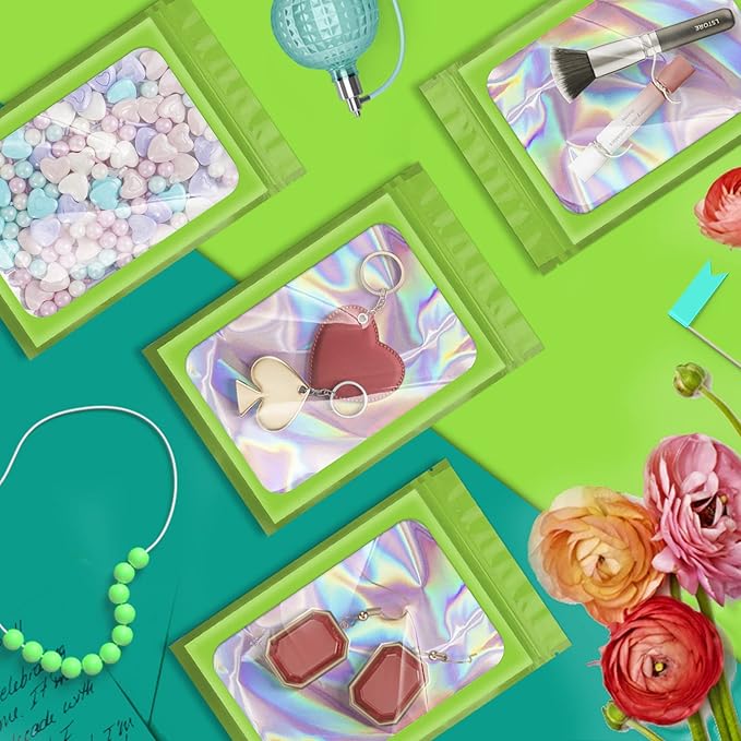 100 Pack Holographic Bags,Smell Proof Packaging Bags, Clear Window Resealable Odor Foil Pouch Mylar Bags for Food Storage and Lipgloss, Jewelry Lash(Green, 2.4 x 3.9 Inch)