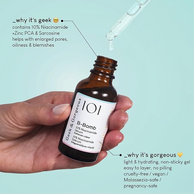 Geek & Gorgeous - B-Bomb - 10% Niacinamide Serum, Zinc PCA & Sarcosine, helps enlarged pores, oiliness and blemishes, combination skin, 1 oz