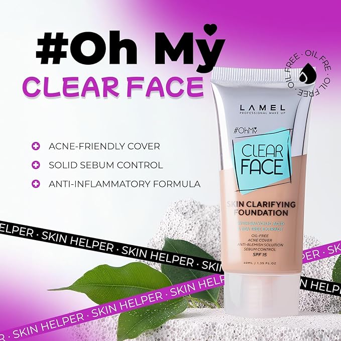 Lamel - Oh my Clear Face Foundation-404 Custard | Contains tea tree extract and salicylic acid |Controls sebum production |Anti-blemish formula |Oil free foundation | 40ml