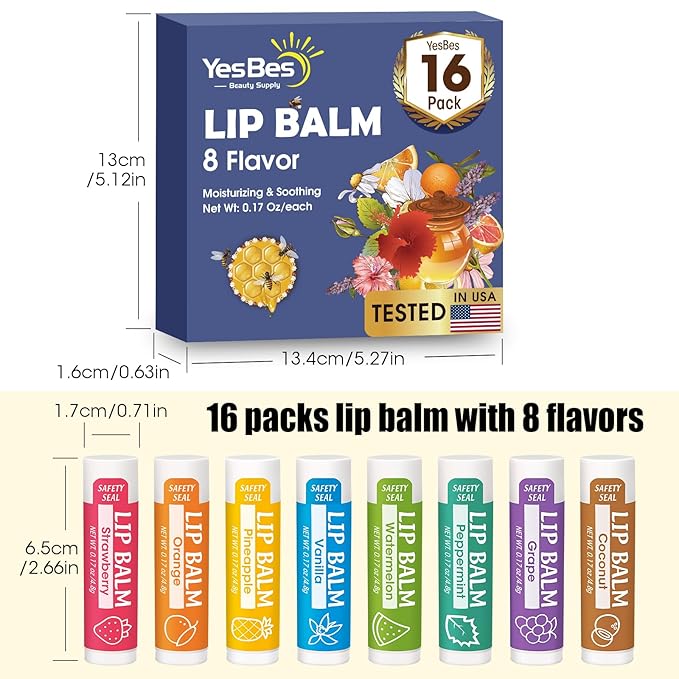 16 Pack Lip Balm, Natural Lip Balm Bulk with Vitamin E and Coconut Oil, Moisturizing Lip Balm for Dry Cracked Lips, Lip Balm for Stocking Stuffers - 8 Flavors