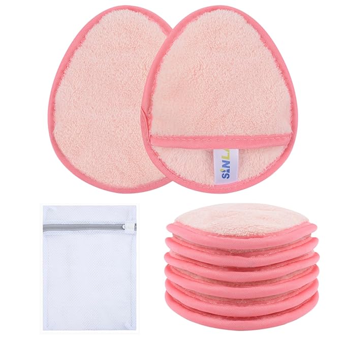 SINLAND Reusable Makeup Remover Pads For Face,Eye,Lips Microfiber Gentle Facial Cleansing Cloths for All Skin Types Friendly for Makeup Remover With Laundry Bag 5.1inchx3.93inch Pink Pack of 6