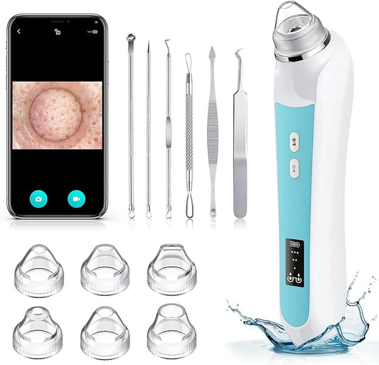 Facial Pore Blackhead Remover Vacuum, 1080P Camera Blackhead Remover, 20x Zoom, 8 LEDs ＆ 3 Suction Modes, 800mAh Battery & USB - 6 Heads Pore Cleaner Kit for Women&Men(Blue)
