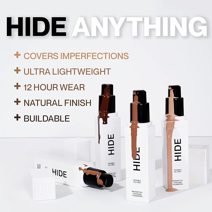 HIDE PREMIUM Liquid Foundation, SEE SHADE FINDER Below For Perfect Match, Multi-Use Waterproof Foundation, Medium/Full Coverage Foundation, Oil Free – We Have a Shade For All Skin Types, 1 fl. Oz. (Henna).