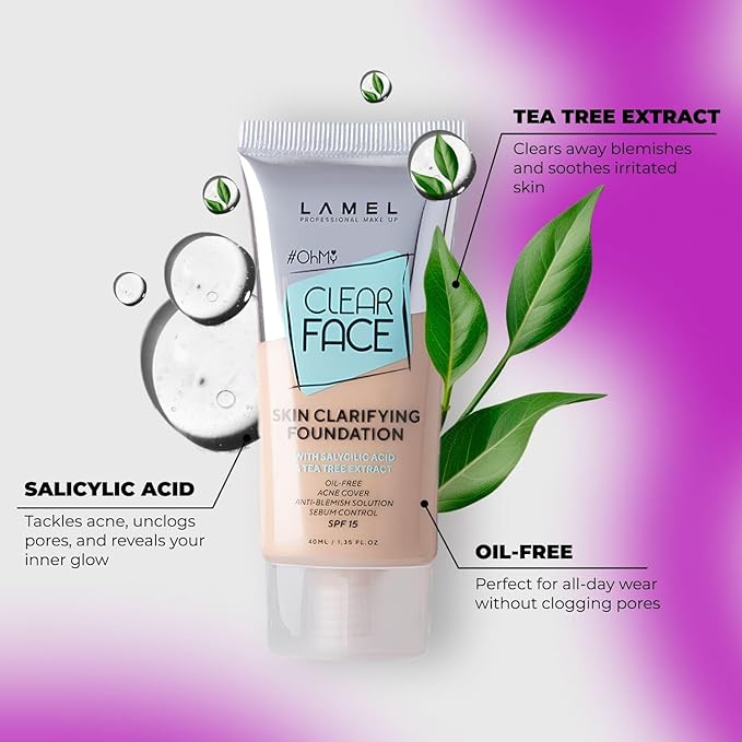 LAMEL OhMy Clear Face Full Coverage Foundation - Acne Coverage - Salicylic Acid & Tea Tree Extract - Dewy & Flawless Finish - Sensitive Skin Care - Organic & Oil-Free - 402, 1.35 fl.oz