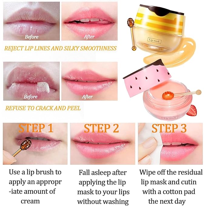 2 PCS Bee Lip Balm Honey Pot, Honey & Strawberry Lip Mask Vitamin E & Moisturizing Propolis Sleeping Lip Mask Prevention Dry and Cracked Lip Scrubs Exfoliator, Christmas Gifts